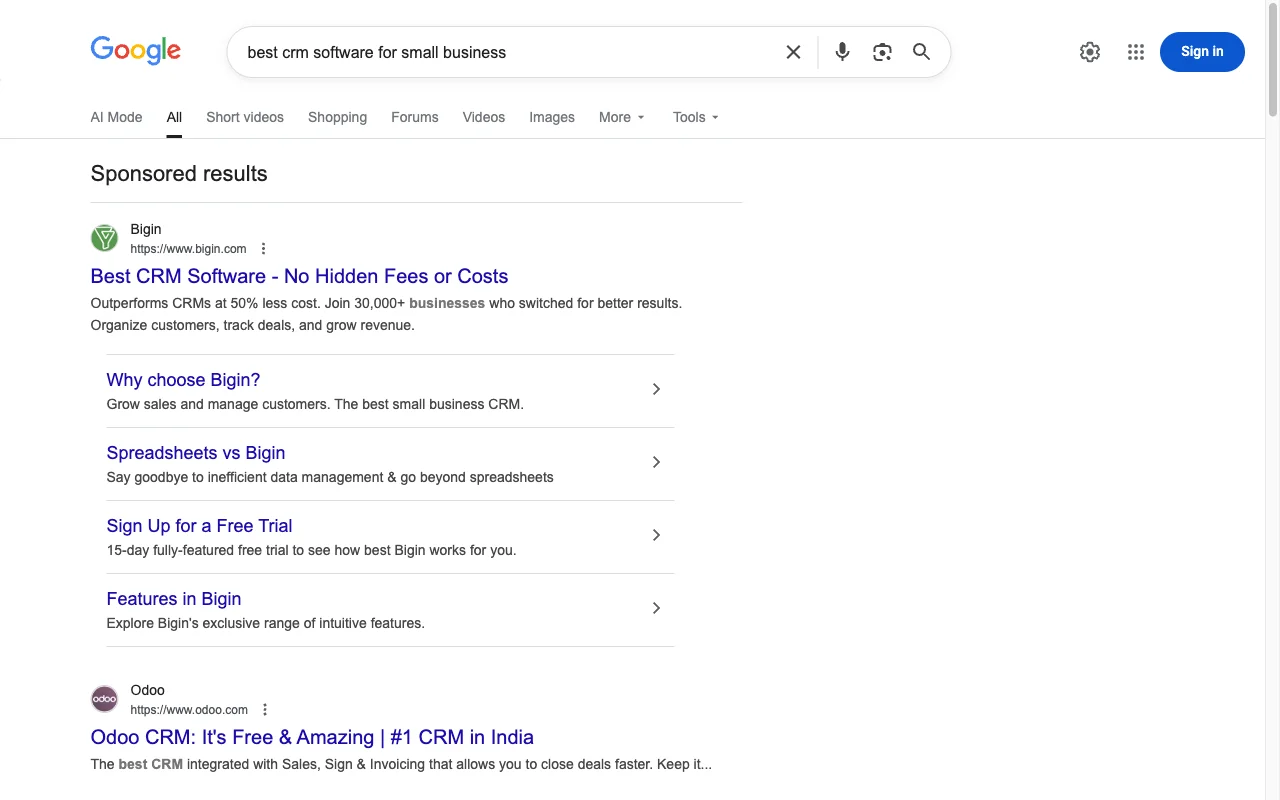 Google search results for 'best CRM' showing traditional blue links with titles and descriptions - the classic SEO target