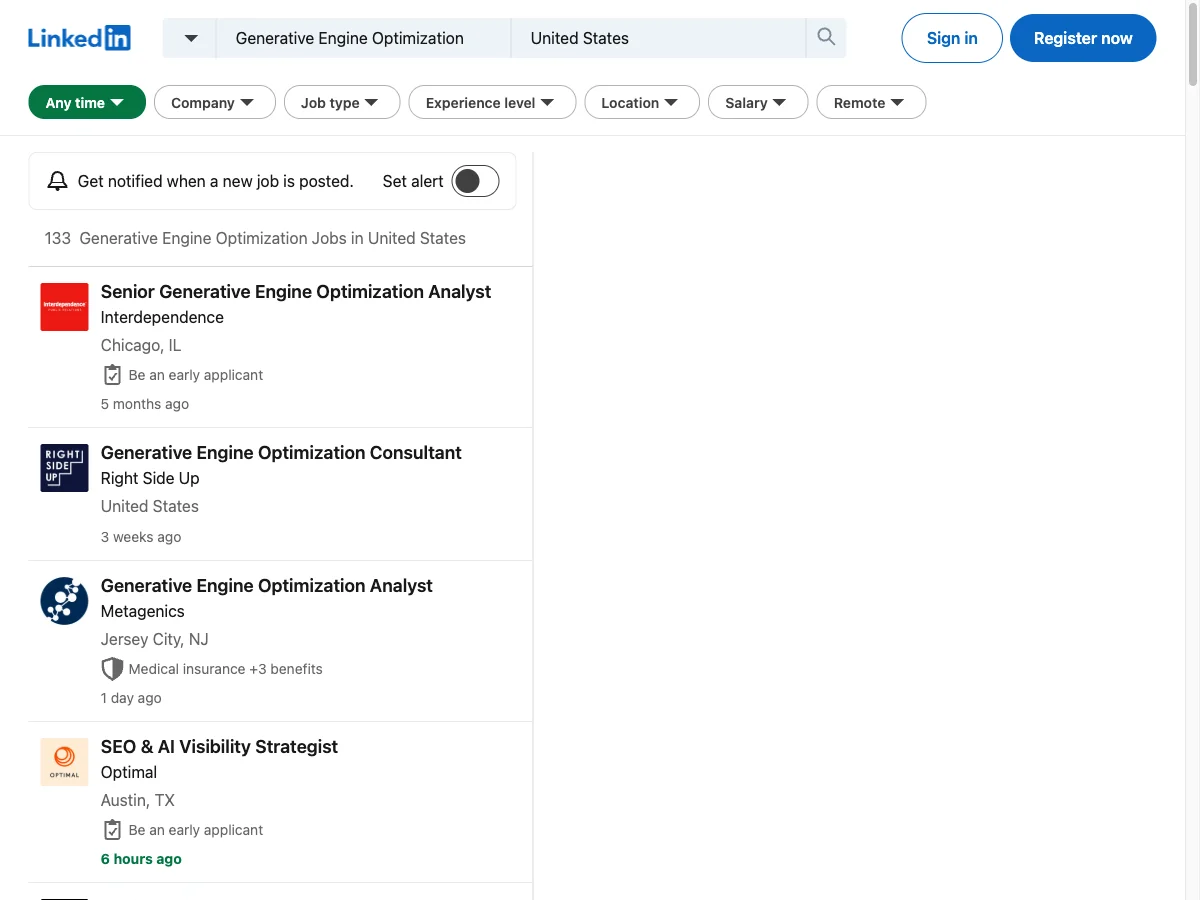 LinkedIn job search for 'Generative Engine Optimization' showing 133 jobs in United States including Senior GEO Analyst, GEO Consultant, and SEO & AI Visibility Strategist positions - proof that GEO skills are now in demand