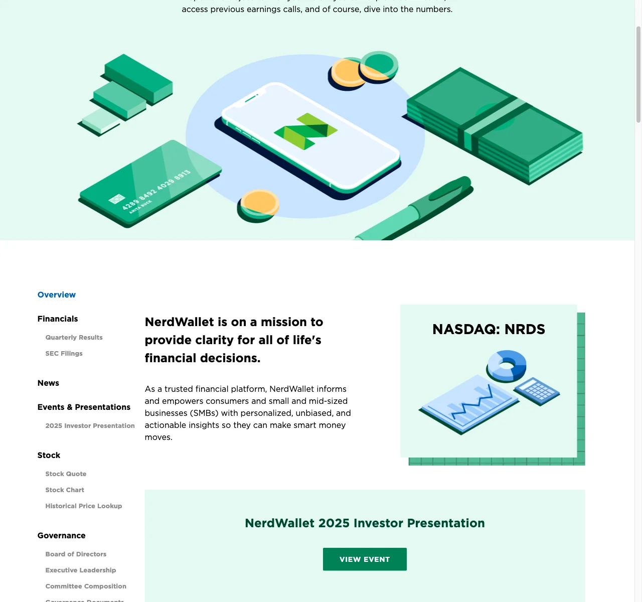 NerdWallet investor relations page showing NASDAQ: NRDS ticker, company mission statement, and quarterly results - source for Q4 2024 revenue growth data cited in this case study