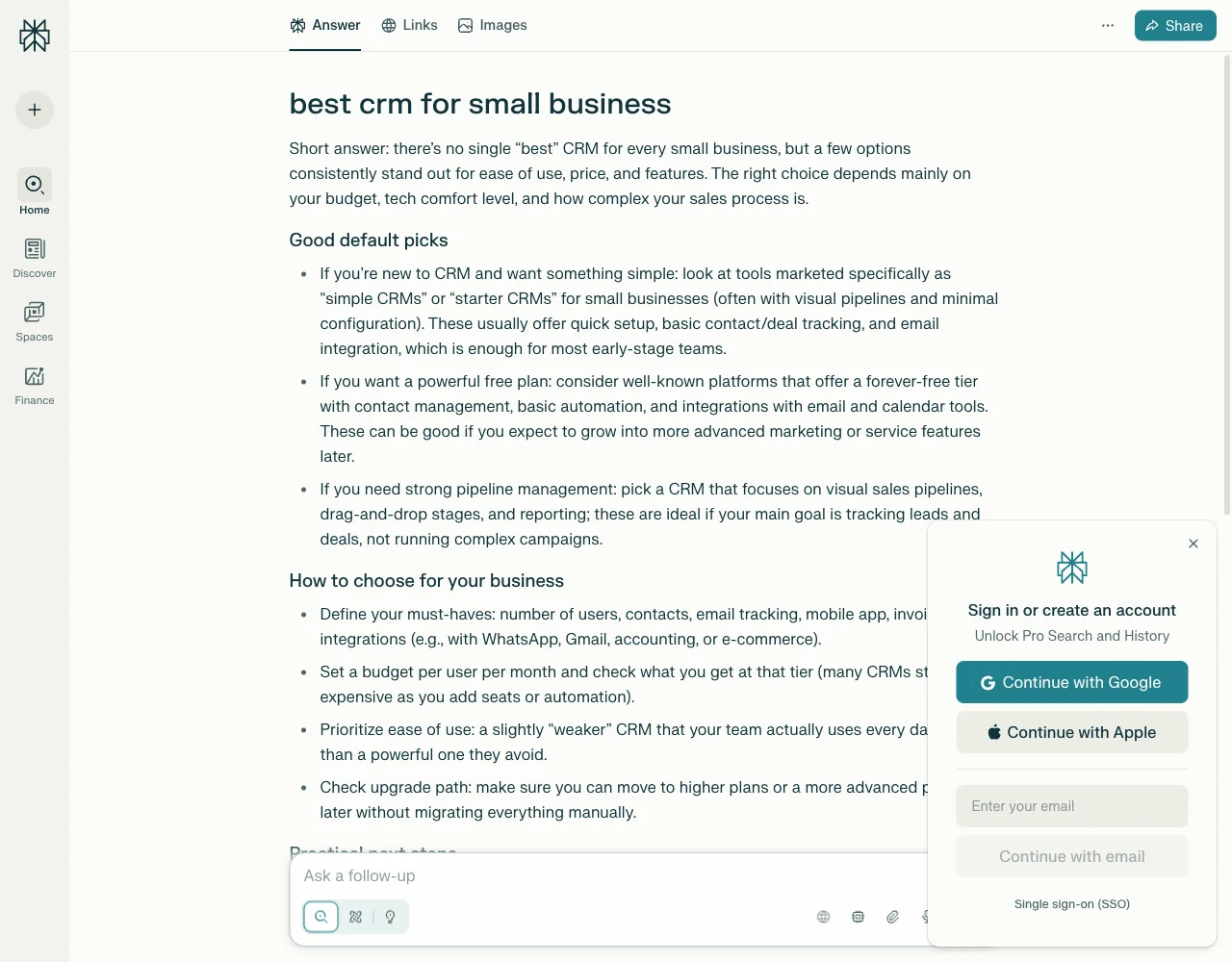 Perplexity AI answering a question about CRM software with inline citations to multiple authoritative sources - this is what GEO optimization aims to achieve