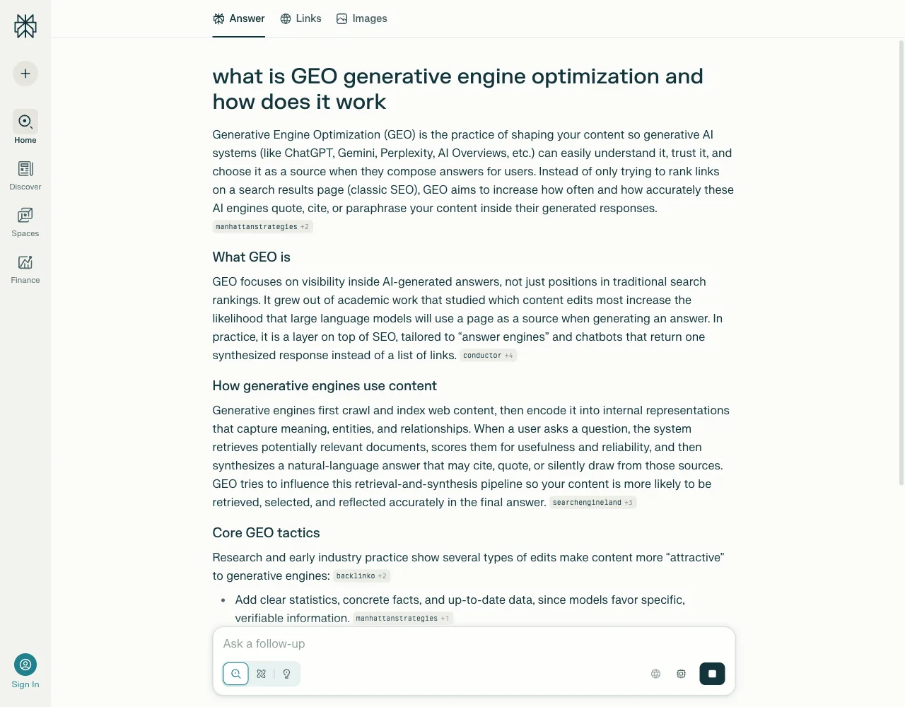 Perplexity AI answer for 'what is generative engine optimization' with visible source citations (wikipedia +2, searchengineland +2, hubspot +4) demonstrating how AI search now links every claim to authoritative sources