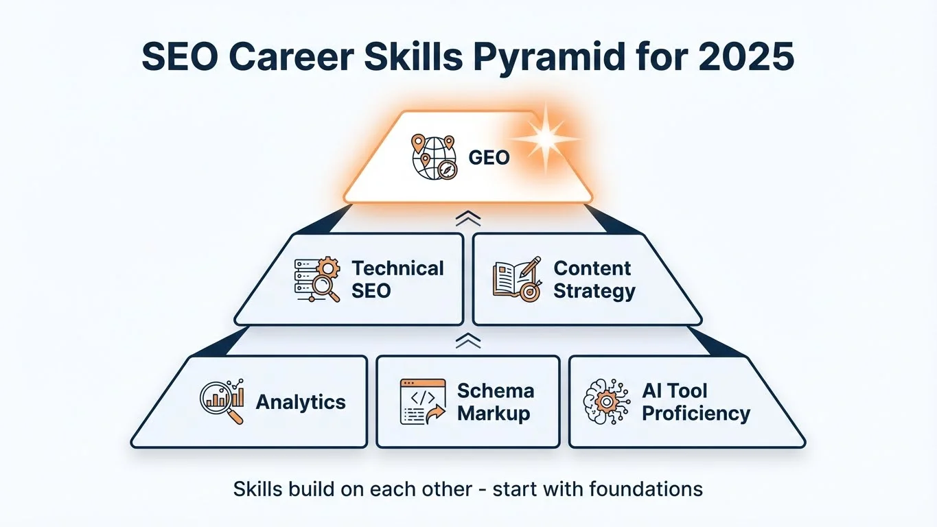 SEO Career Skills Pyramid for 2025 infographic showing layered skills - GEO at the apex with a glowing star, Technical SEO and Content Strategy in the middle tier, and Analytics, Schema Markup, and AI Tool Proficiency as the foundational base layer