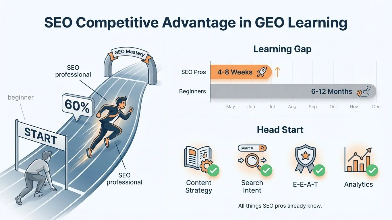 Visual comparison showing SEO professionals starting with a competitive advantage in GEO compared to complete beginners who must learn fundamentals first