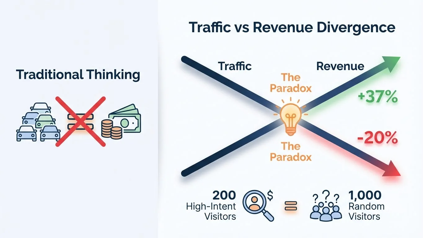 Infographic showing Traffic vs Revenue Divergence paradox - Traditional Thinking crossed out, with crossing lines showing Traffic declining 20% while Revenue grows 37%, demonstrating that 200 high-intent visitors equal 1,000 random visitors in value