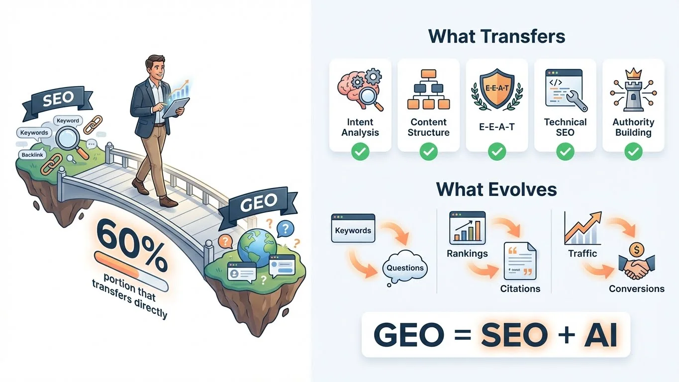 Visual diagram showing the evolution from traditional SEO (keywords, rankings, backlinks) to GEO (AI awareness, entity optimization, citation-worthy content)