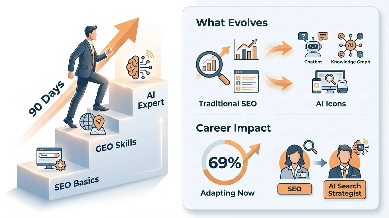 Visual showing the skill evolution pathway from SEO to GEO - traditional search skills on the left transforming into AI search optimization skills on the right, connected by a glowing progression path