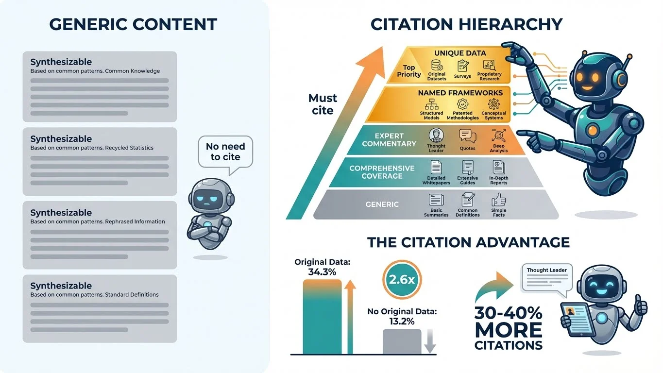 Infographic showing generic content vs thought leadership citation hierarchy - from unique data to named frameworks to expert commentary, with 34.3% citation rate for original data vs 13.2% without, representing 2.6x and 30-40% more citations