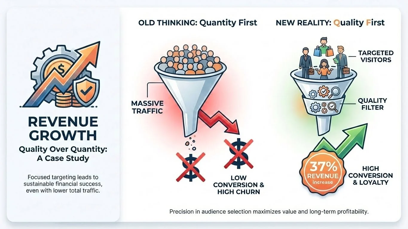 Dual funnel visualization comparing traffic volume versus revenue quality - left funnel shows high traffic volume with low output, right funnel shows focused traffic with high-value glowing revenue output