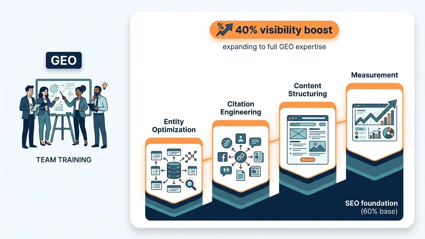 Infographic showing the four GEO skill pillars for team training - Entity Optimization, Citation Engineering, Content Structuring, and Measurement - building on a 60% SEO foundation to achieve 40% visibility boost