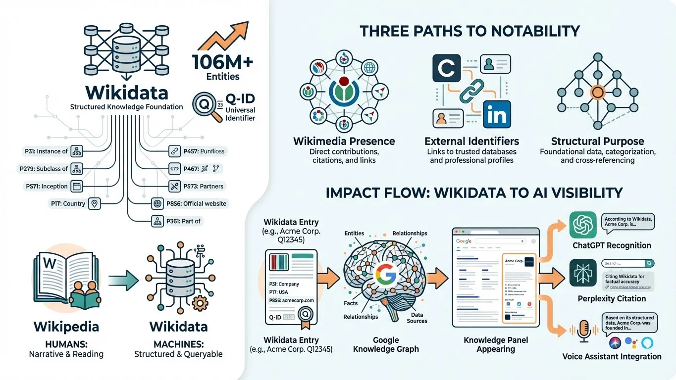 Infographic showing Wikidata as the structured knowledge foundation with 106M+ entities, Q-ID universal identifier, three paths to notability (Wikimedia Presence, External Identifiers, Structural Purpose), and the impact flow from Wikidata entry through Google Knowledge Graph to AI assistants like ChatGPT and Perplexity