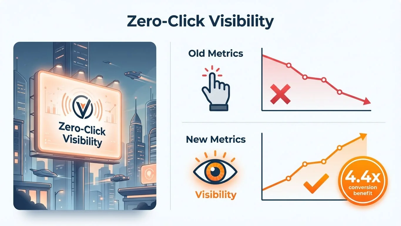 Illustrated digital billboard showing ChatGPT recommending a brand, representing zero-click visibility as the new form of advertising