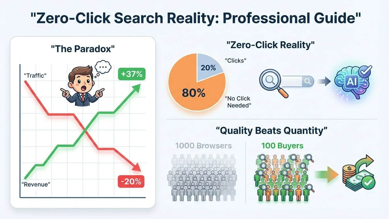 Dashboard visualization showing 40% traffic decline with zero-click search impact, traditional search fading while AI answers glow