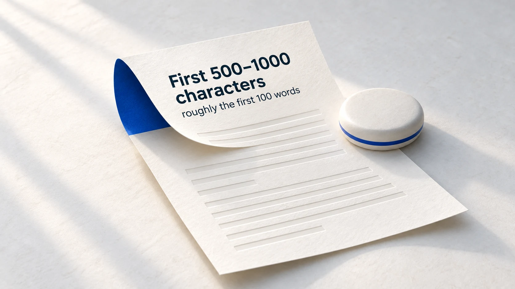 A cobalt ribbon lifts the opening paragraph of a paper manuscript into view.