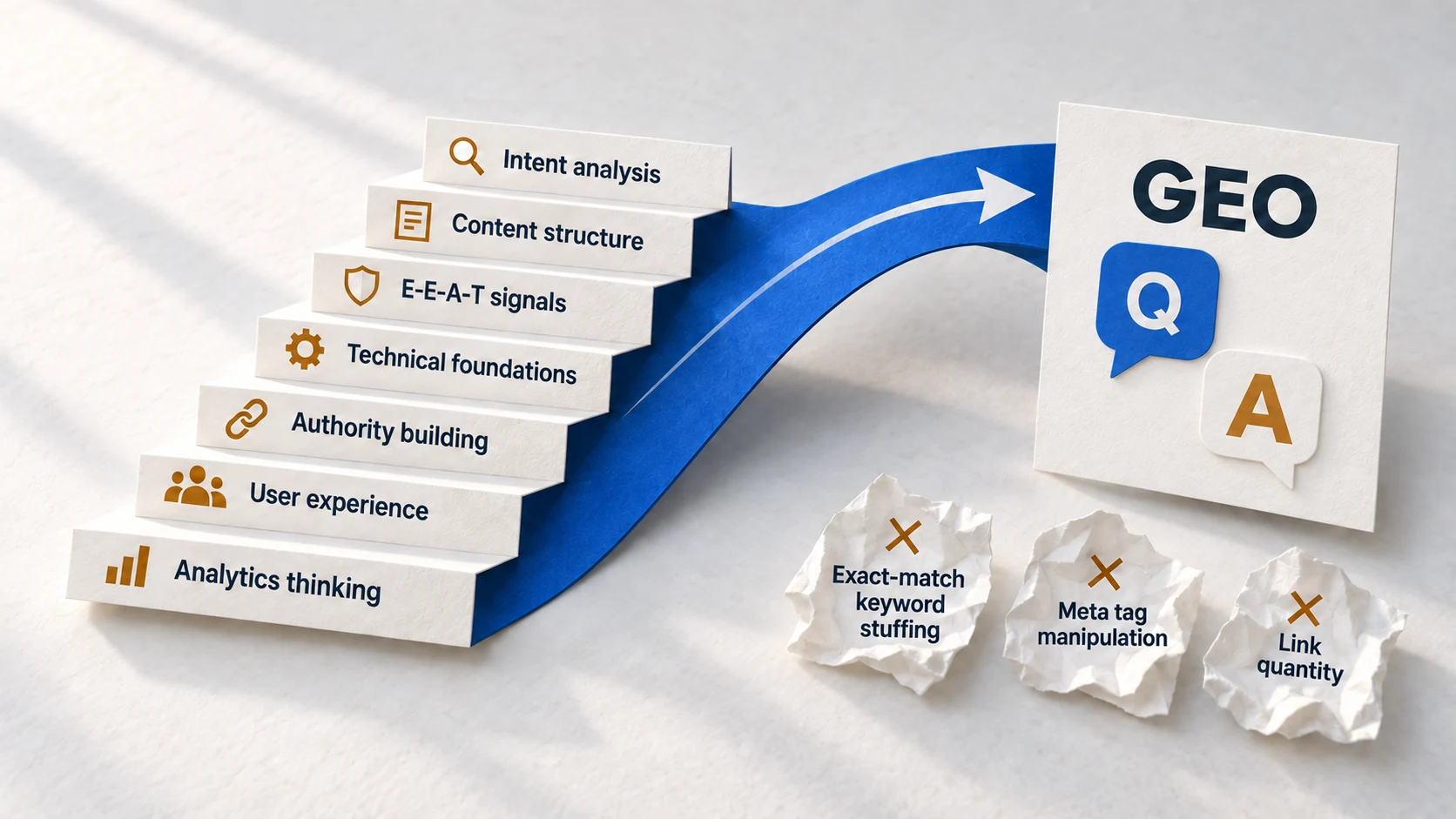 Seven SEO skill steps lead across a blue bridge toward GEO, while exact-match keyword stuffing, meta tag manipulation and link quantity are left behind.