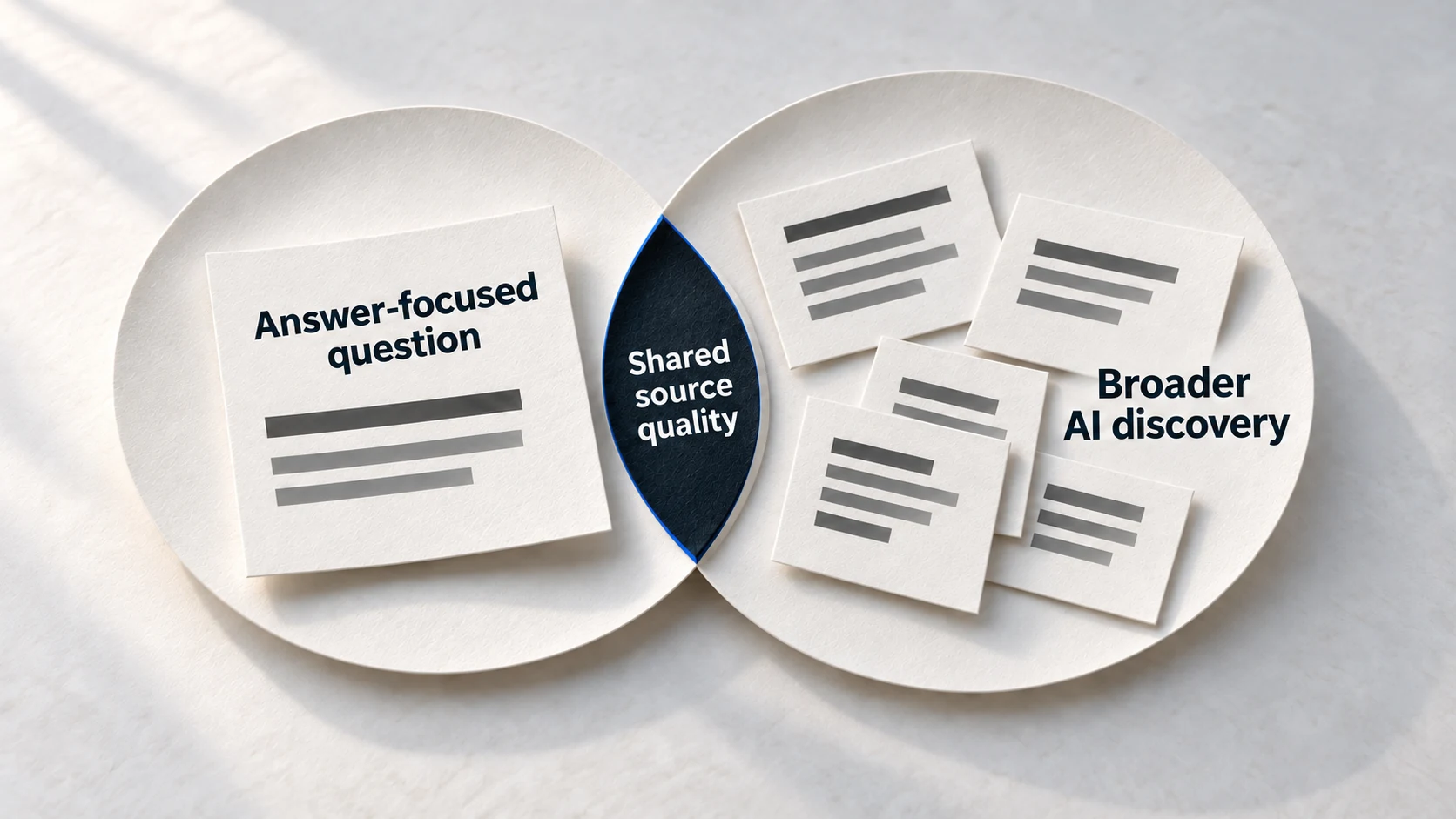 Two overlapping paper lenses compare answer-focused content with broader AI discovery, meeting at clear source quality.