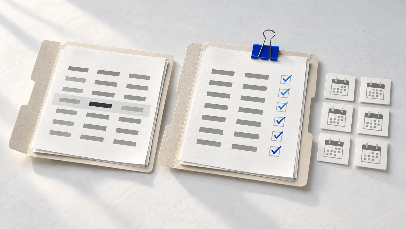 Raw and checked reports remain side by side; the checked copy matches six calendar tiles.