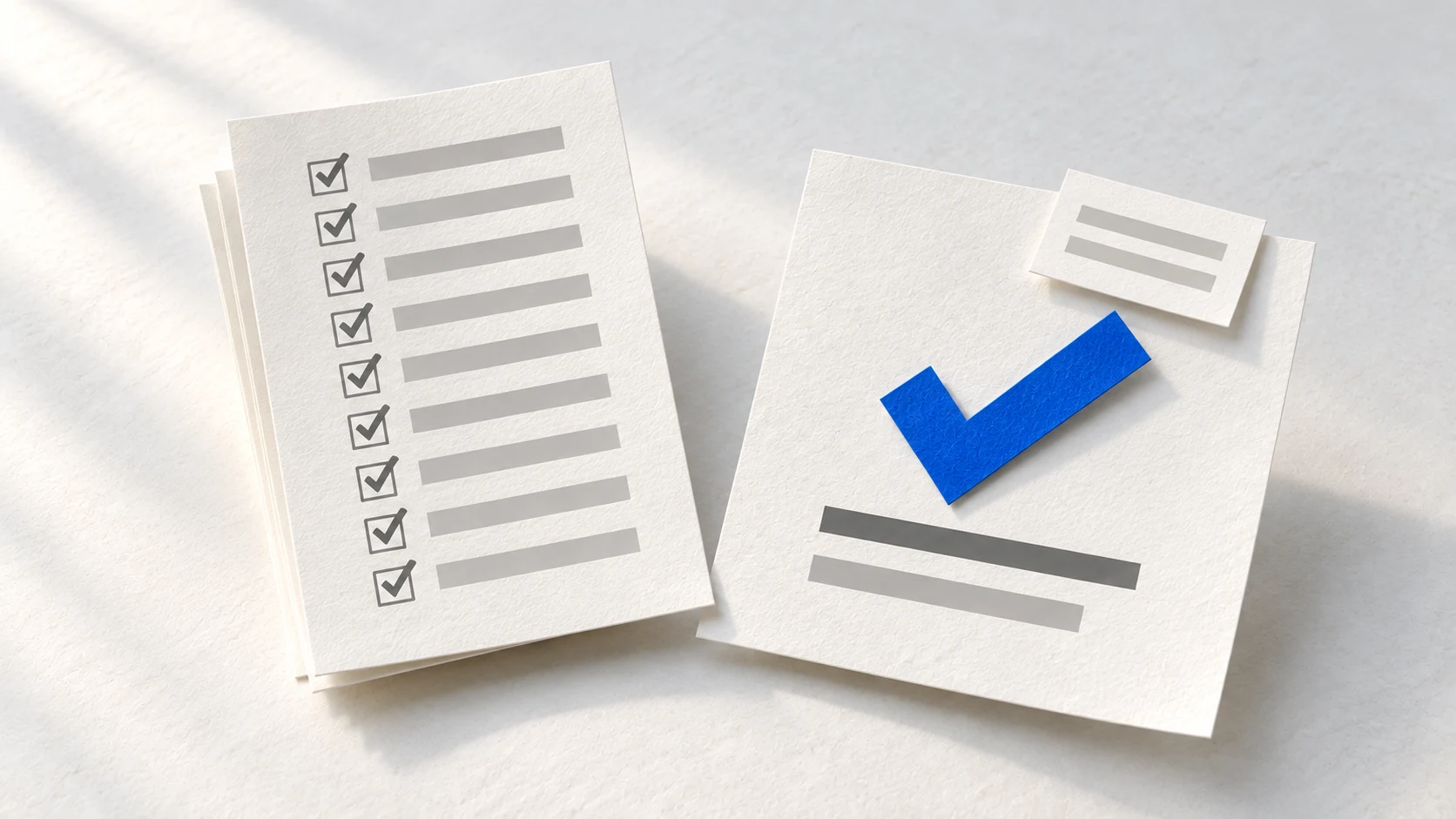 A long checklist stands beside a separate work sheet marked with one large cobalt tick.