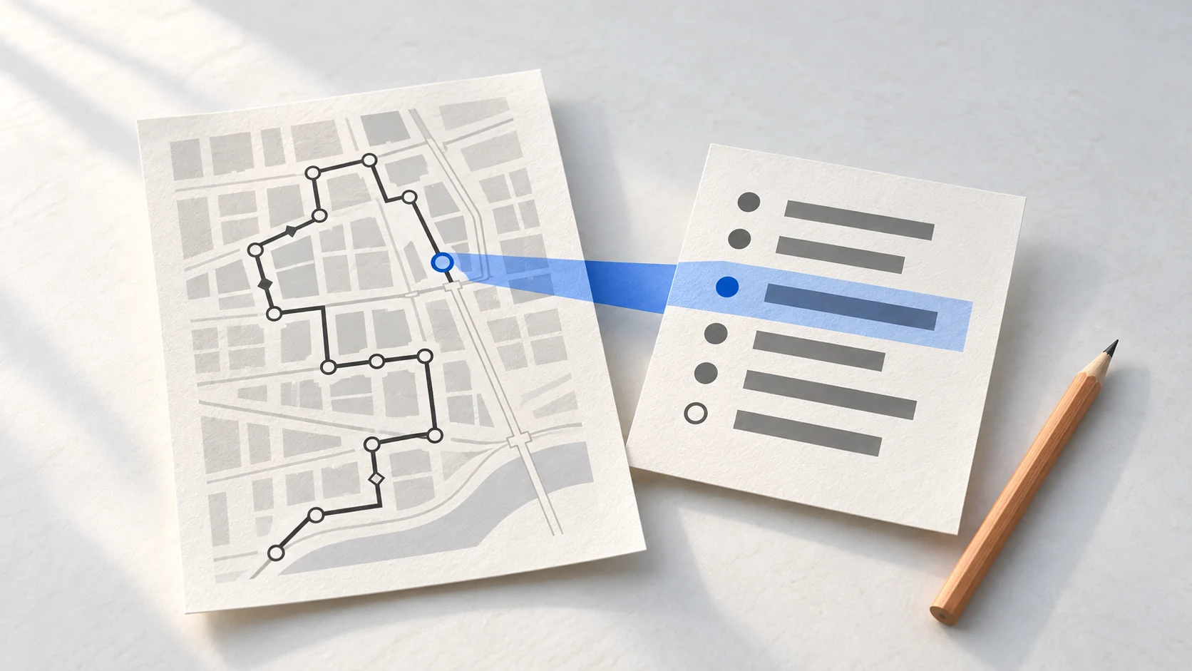 A paper dispatch route is compared with a change summary, leaving one step for review.