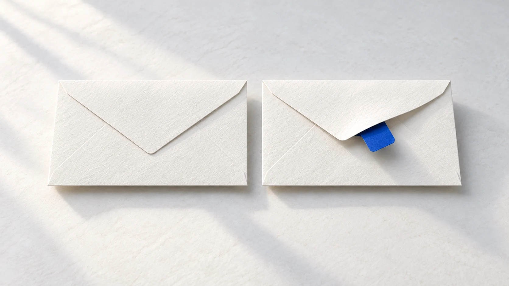 Two similar paper envelopes sit side by side, with a cobalt tab lifting one flap.