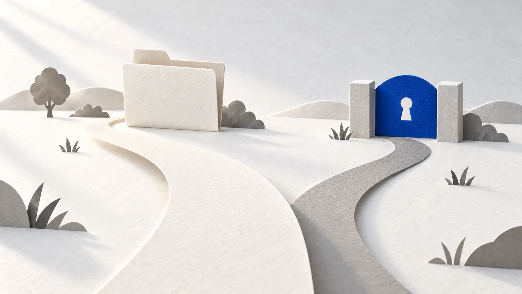 An open beginner route reaches practice files; a later technical path waits at a gate.