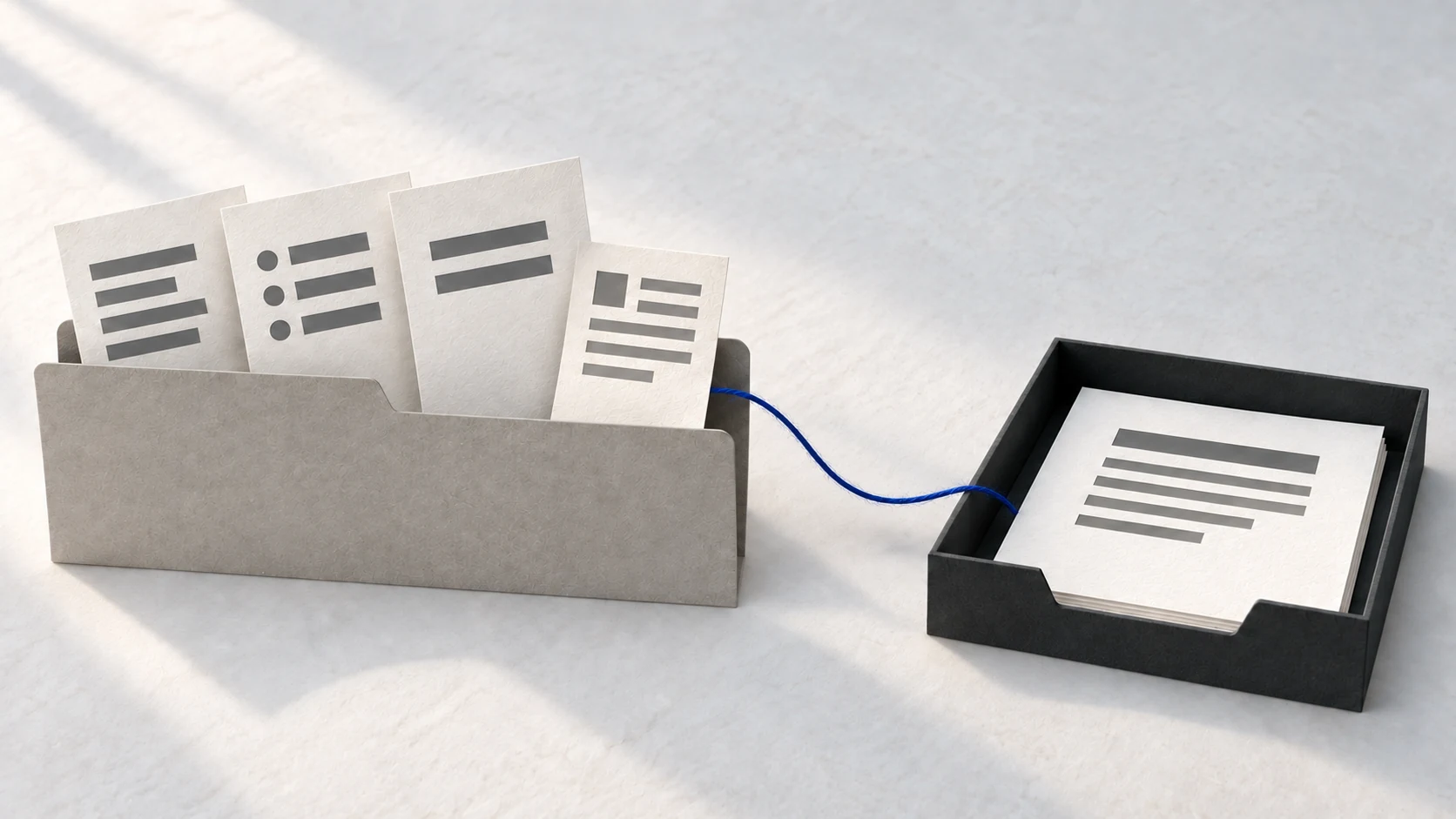 Three copied handoff notes are traced to one internal brief for a person to review.