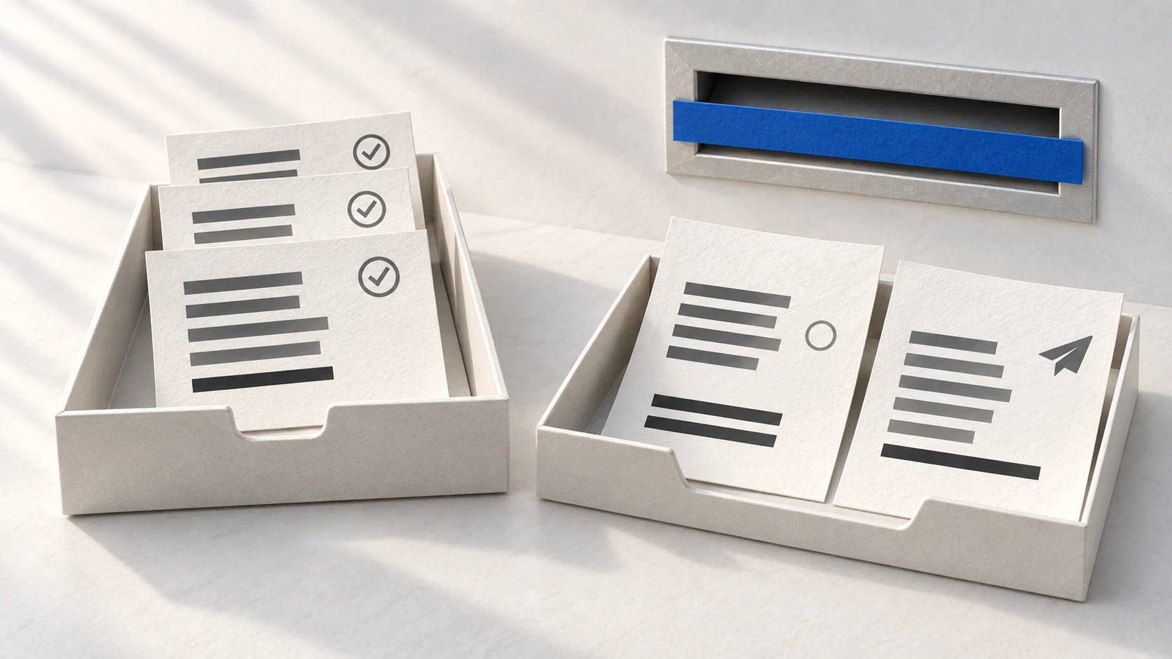 Three settled invoices return to the drawer; a fourth remains under review beside an unsent draft, with the mail slot blocked.