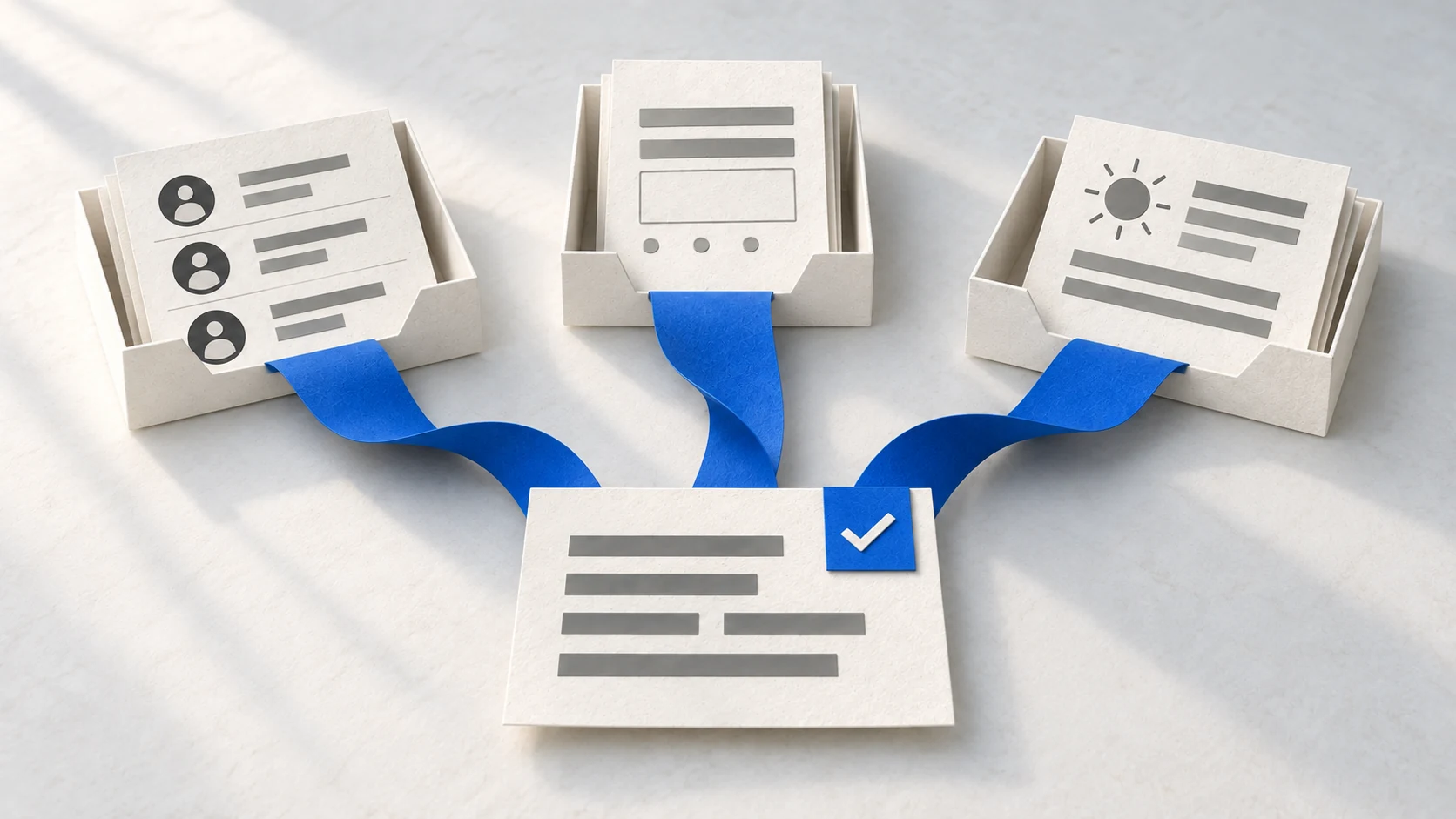 Three ordinary task trays meet at a human review card before any outside action.