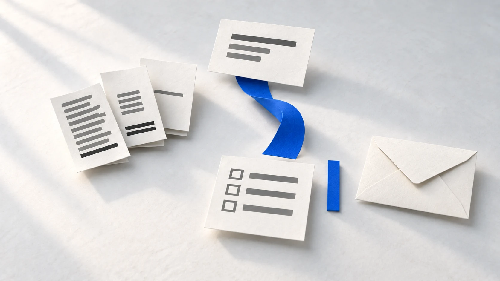 A plain request and source papers lead to an internal action list, with no outward action.