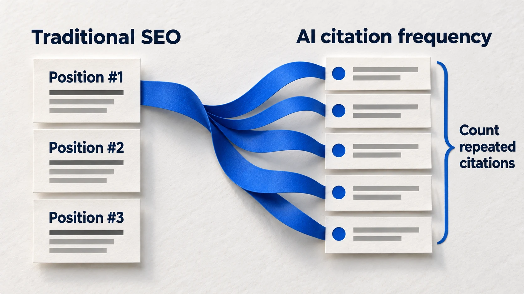 Paper diagram comparing three fixed search-ranking positions with repeated AI-answer citation checks.