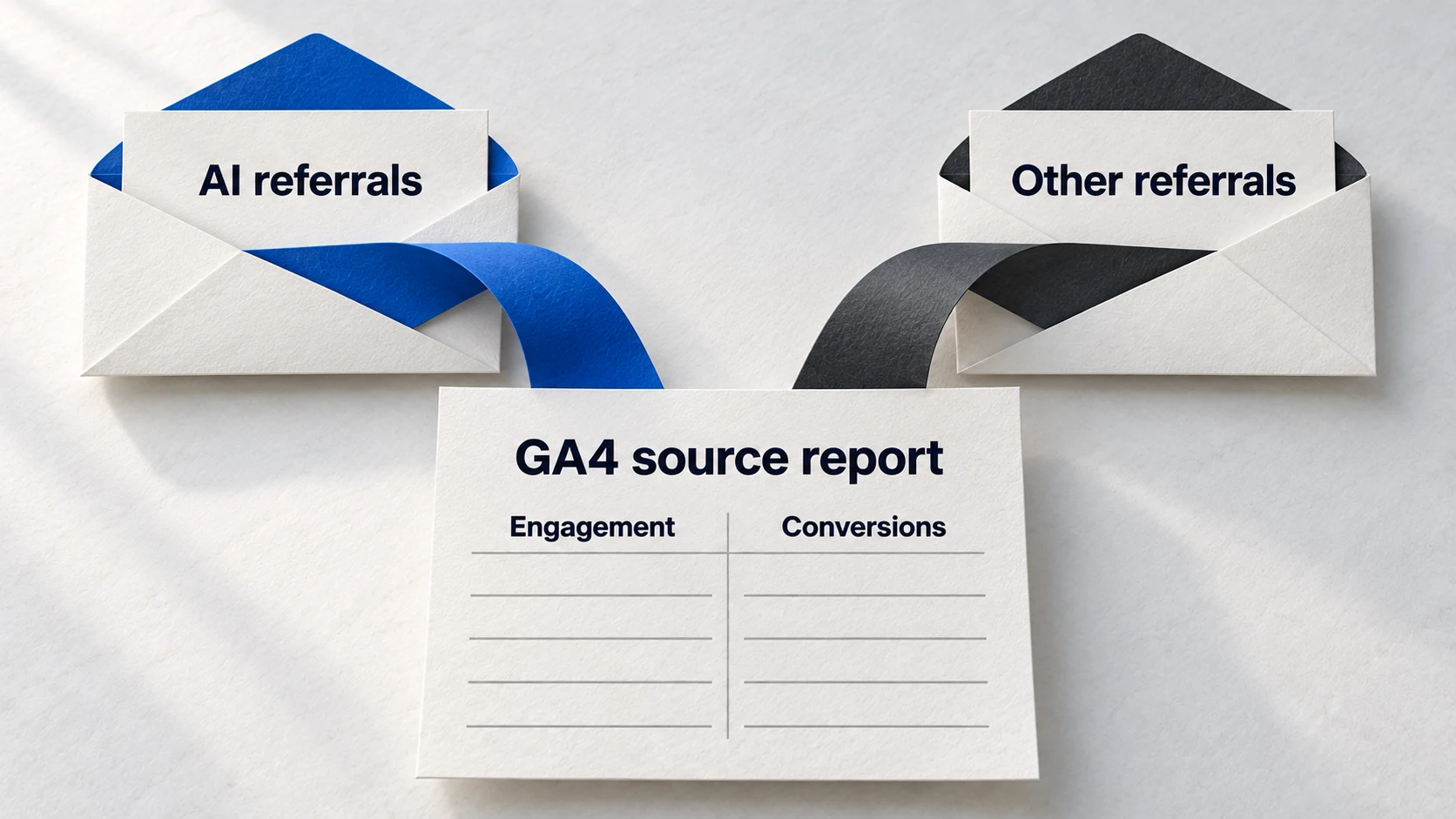 Paper analytics ledger separating AI referrals from other referrals, with engagement and conversion columns ready to measure.