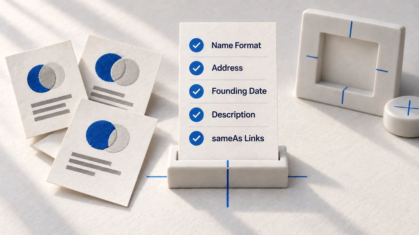Misaligned brand identity cards being brought into a consistent paper record.