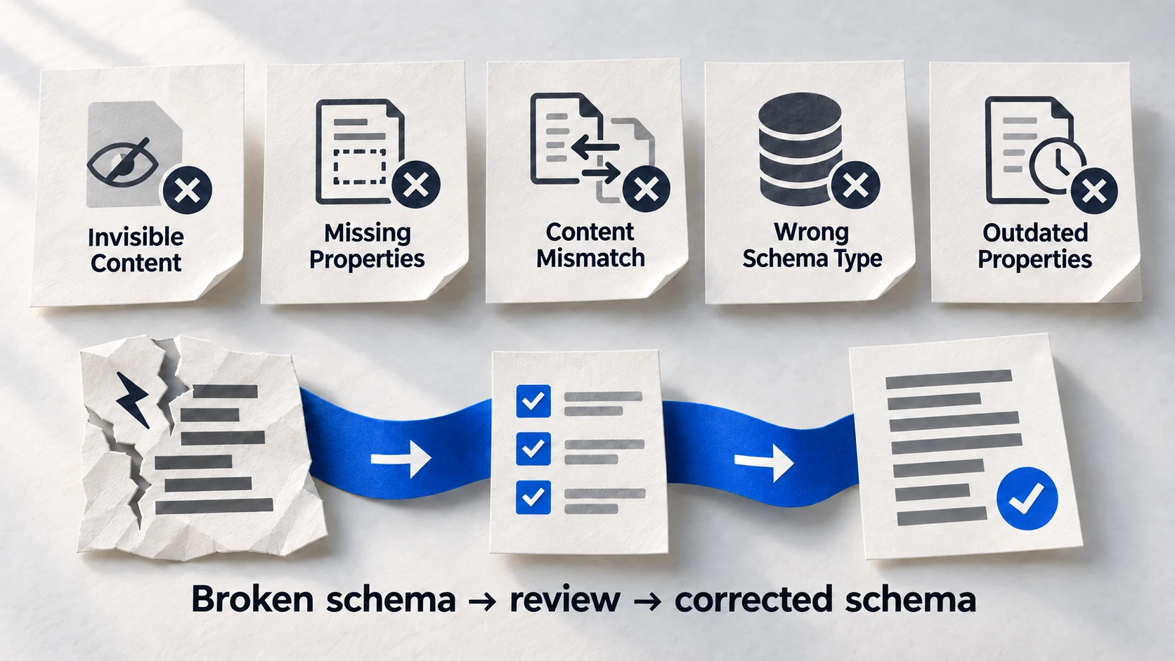 Front-on paper checklist showing five schema mistakes and a correction path from broken markup to clean structured data.