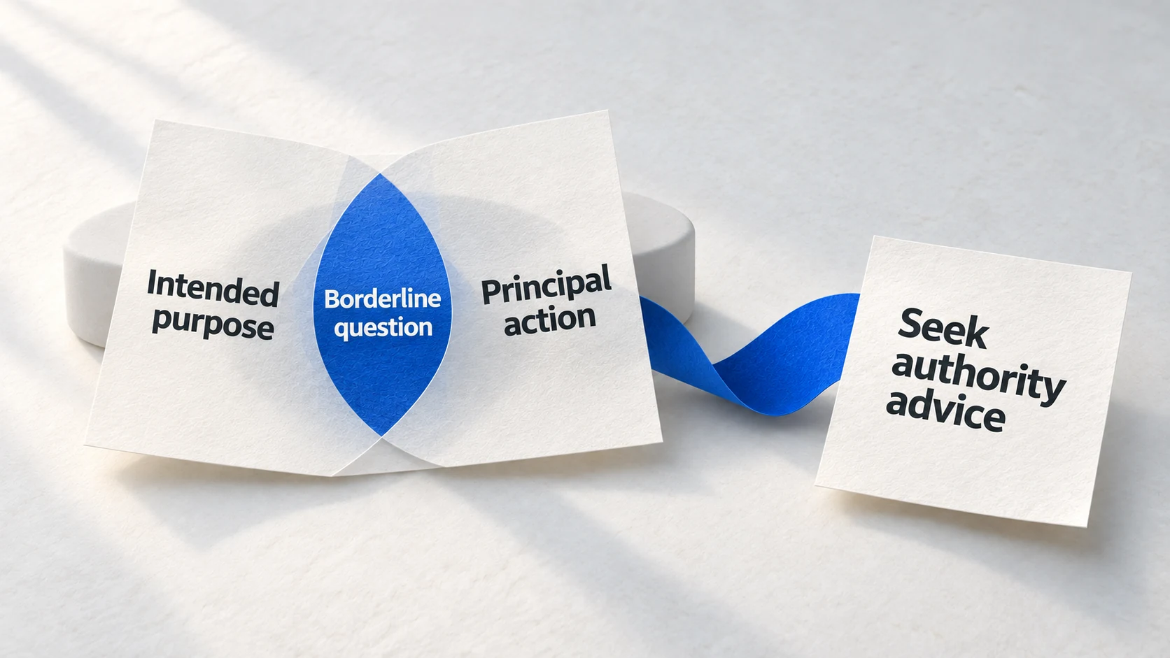 Overlapping paper classification sheets show intended purpose and principal action converging on a borderline question requiring authority advice.
