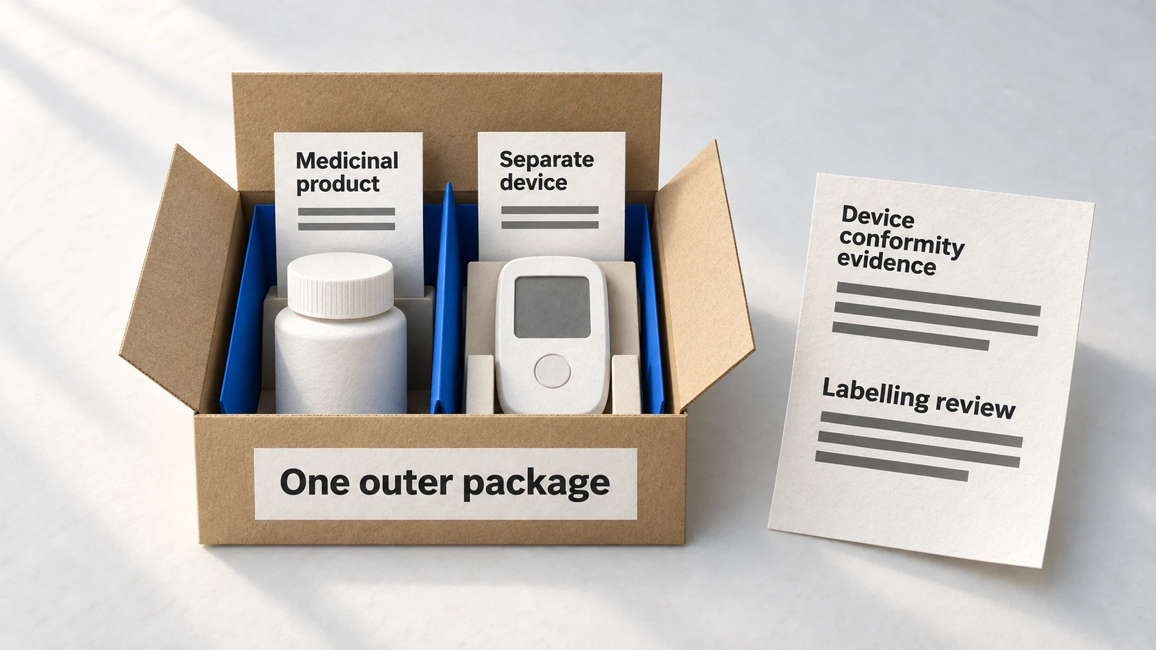 Paper package cross-section containing a separate medicine and medical device, with distinct device evidence and labelling review.