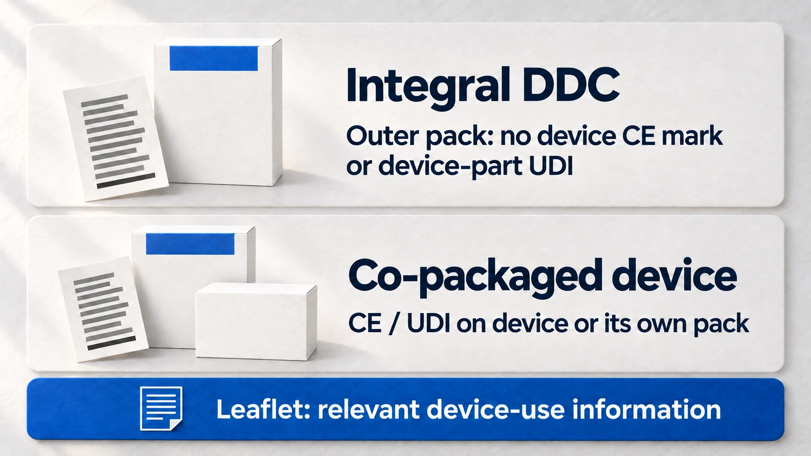 Two drug-device packaging forms with their respective information leaflets.
