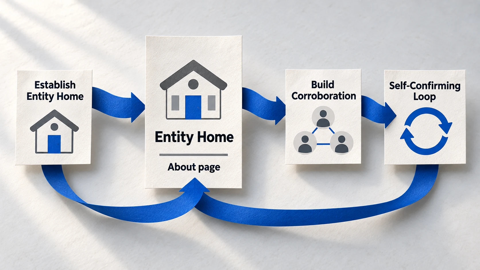 Paper diagram showing an About page as the entity home, linked to corroborating profiles in a three-step identity loop.