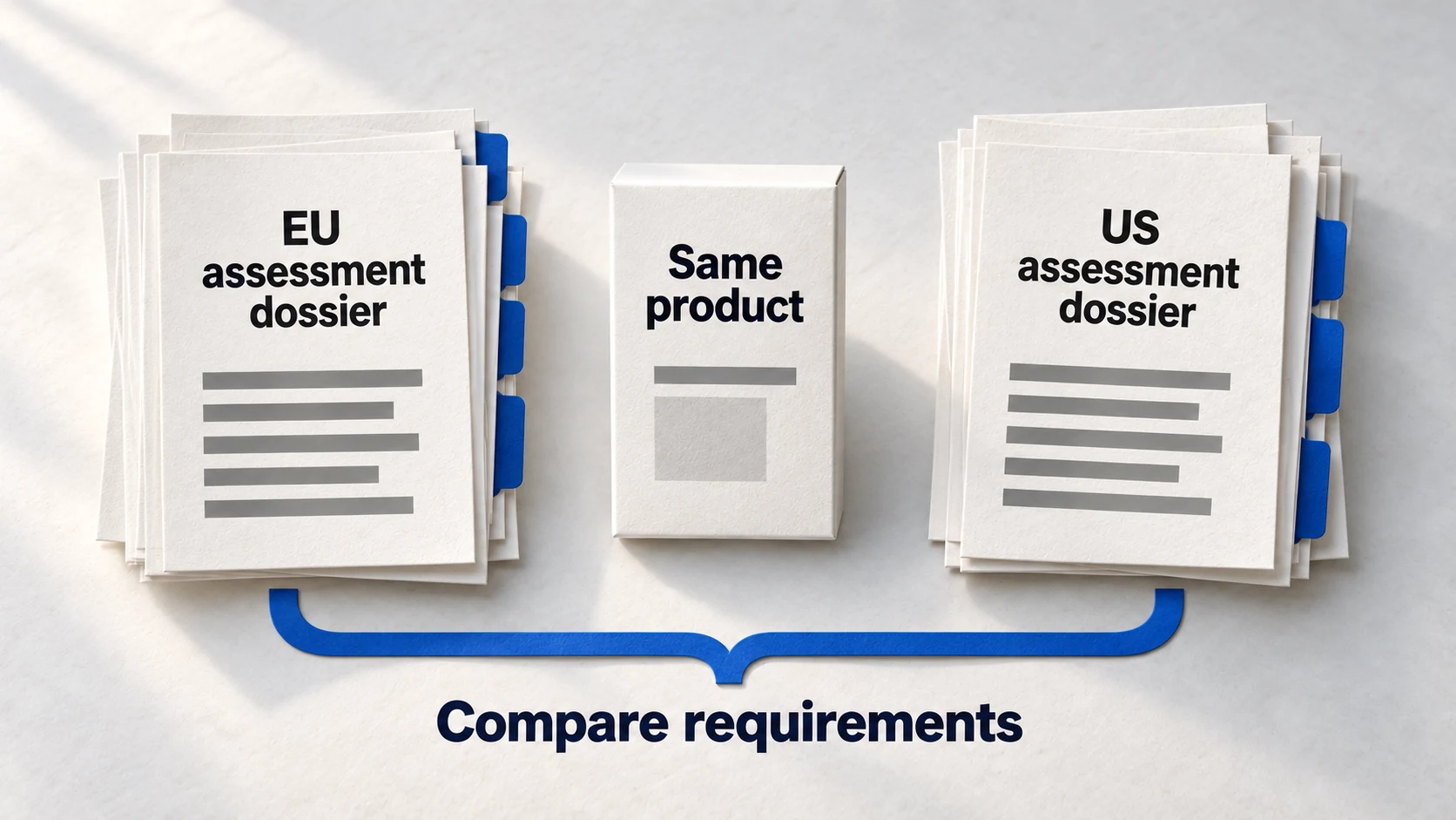 One product between separate EU and US paper dossiers, inviting comparison of regulatory requirements without claiming identical pathways.