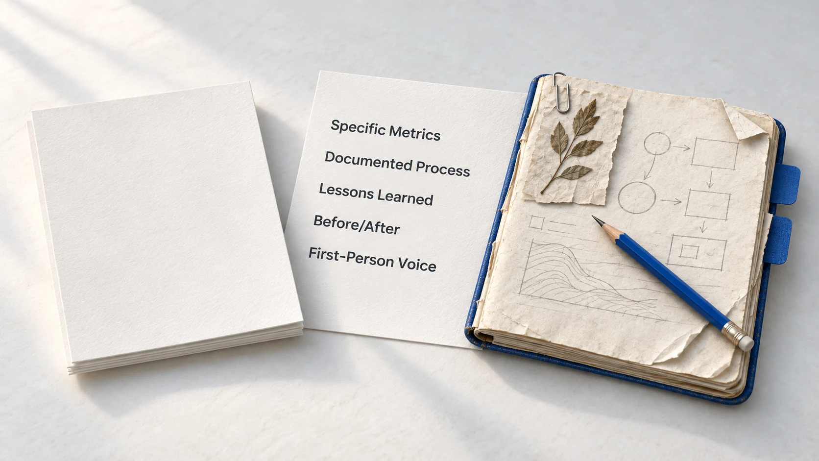A used field notebook provides visible evidence beside a generic paper report.