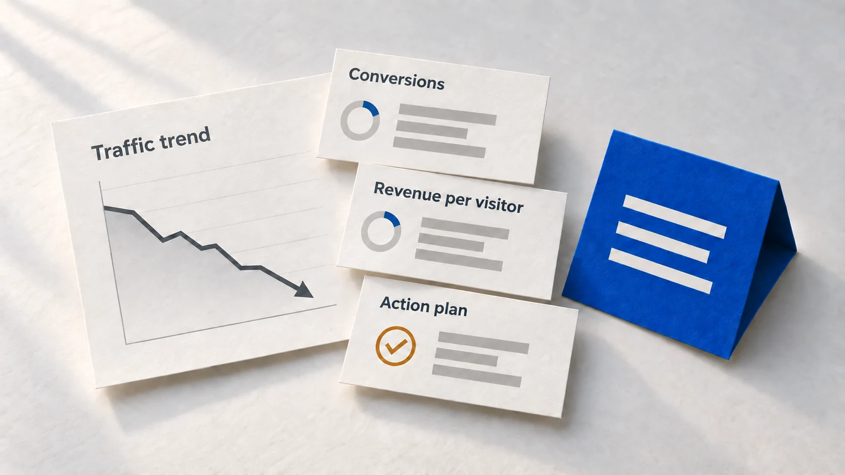 Explaining a traffic decline using conversions and revenue outcomes.
