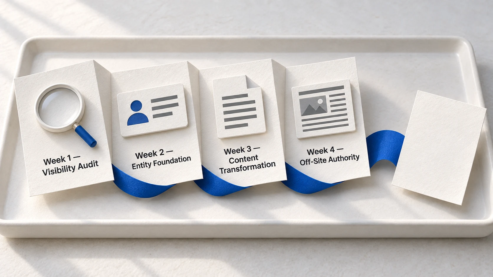 A four-fold GEO work plan leading to a blank citation-check card.