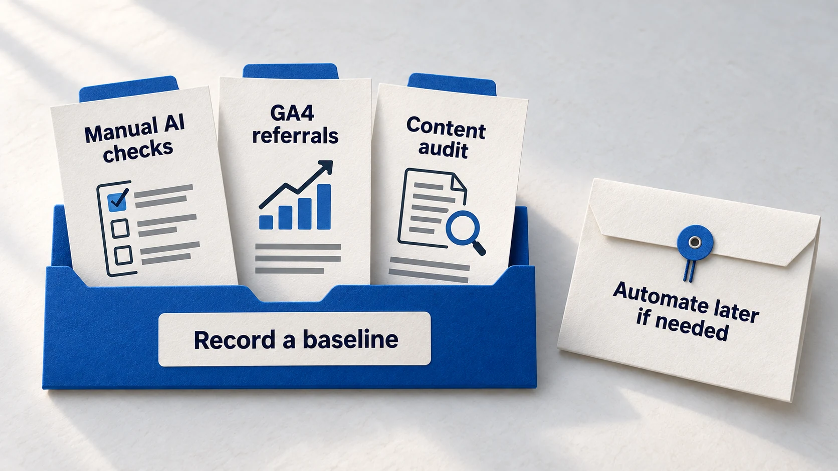 Paper kit for manual AI visibility checks, GA4 referrals and content review, with a later optional automation decision.