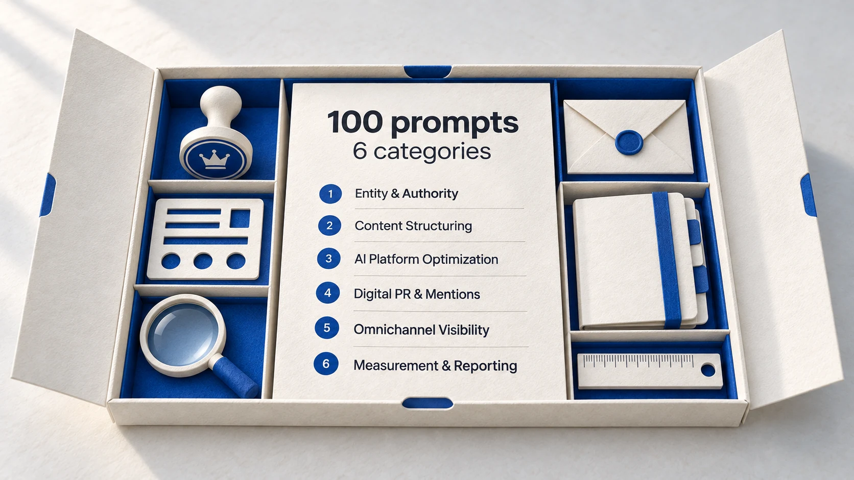 Paper toolkit with distinct instruments for GEO planning, content, outreach, and measurement.