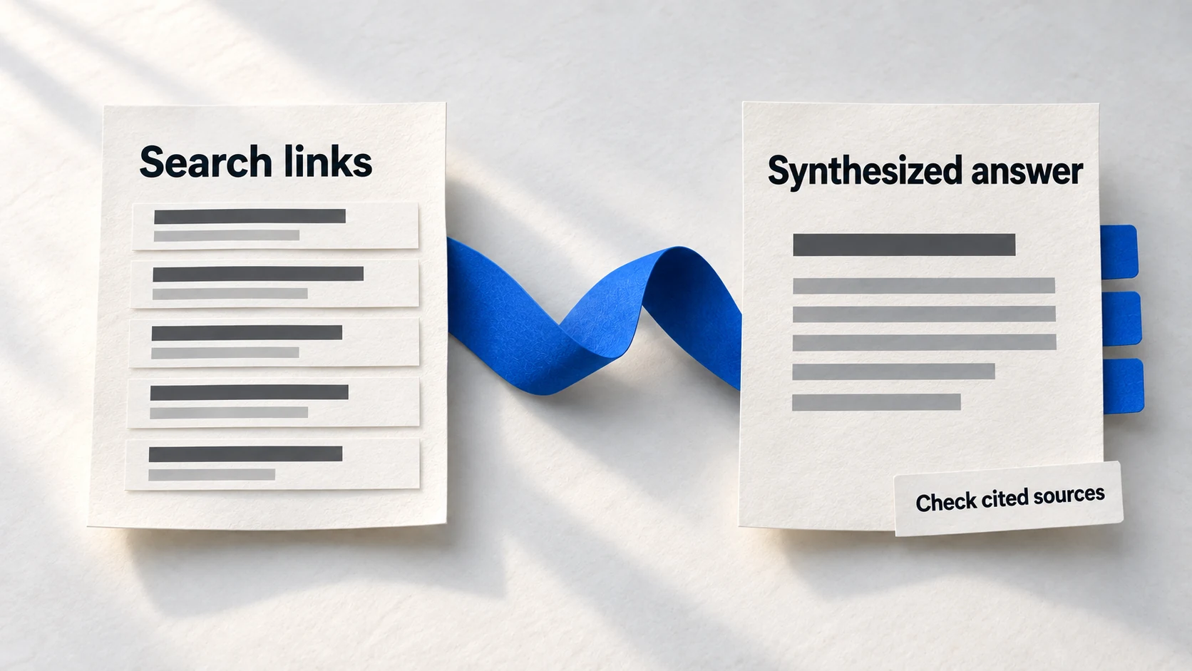Paper comparison between a list of search links and a synthesized answer with source tabs.