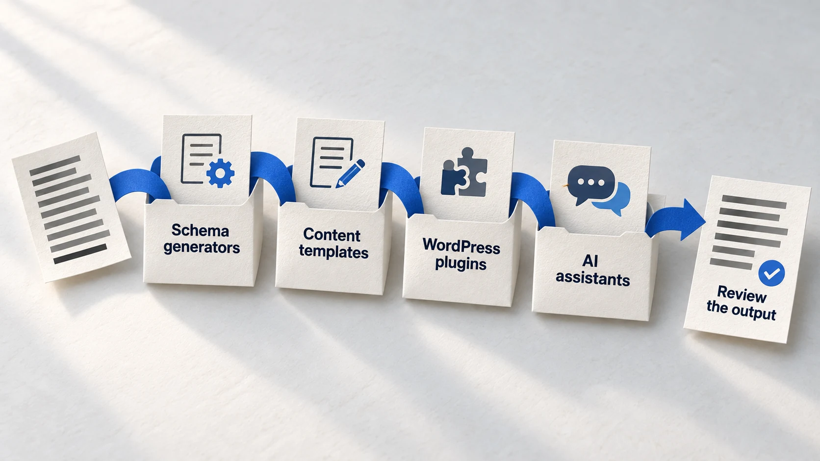 Paper workflow showing a marketer using schema generators, templates, WordPress plugins and AI assistance before reviewing the resulting page.