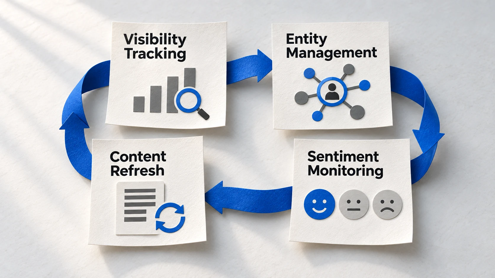 Four paper work products linked in a GEO service loop: visibility tracking, entity management, content refresh and sentiment monitoring.