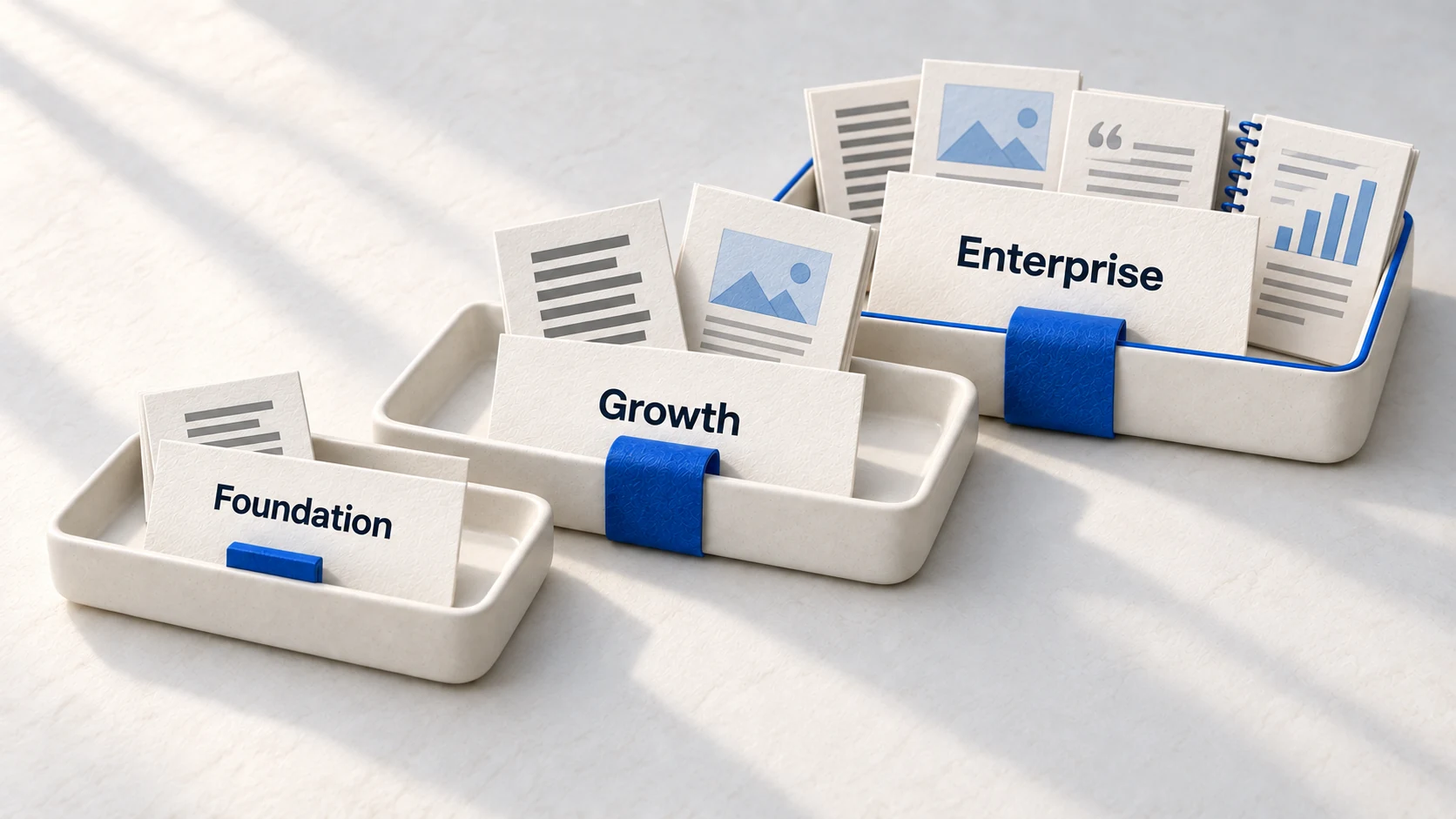 Nested service trays containing progressively broader GEO deliverables.