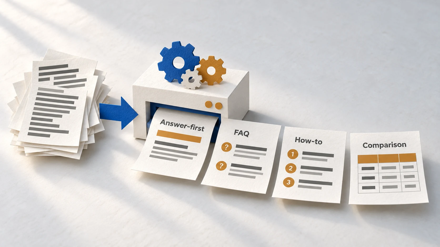 Prompts transforming dense copy into answer, FAQ, process and comparison formats.