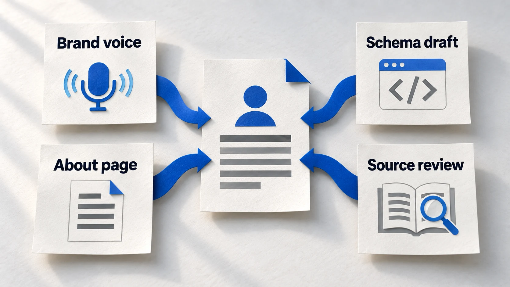 Four paper prompt cards support brand voice, About-page writing, schema drafting and source review.