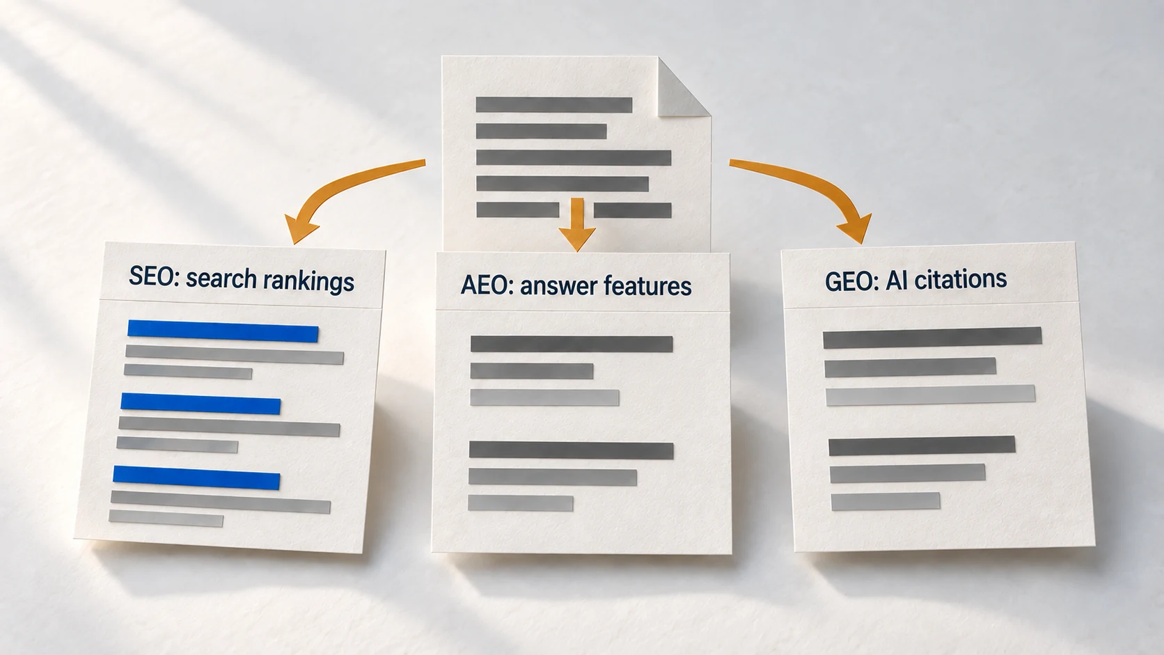 The different result surfaces addressed by SEO, AEO and GEO.