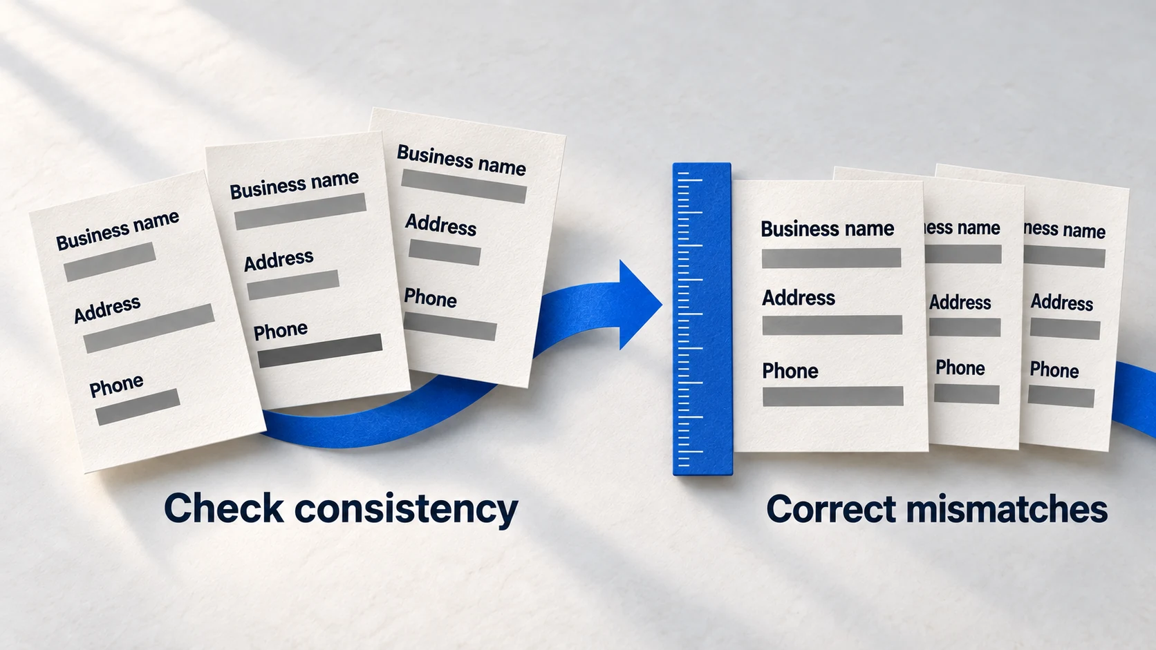 Paper directory entries showing business name, address and phone fields becoming consistent after mismatches are corrected.